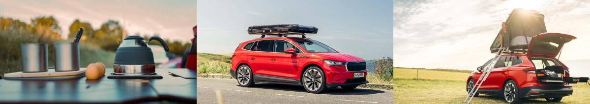 From left to right: Kettle by two cups and eggs, Red SKODA ENYAQ iV 80 FestEVal driving front side view, Red SKODA  ENYAQ iV 80 FestEVal rear side view with boot open and person on top in tent