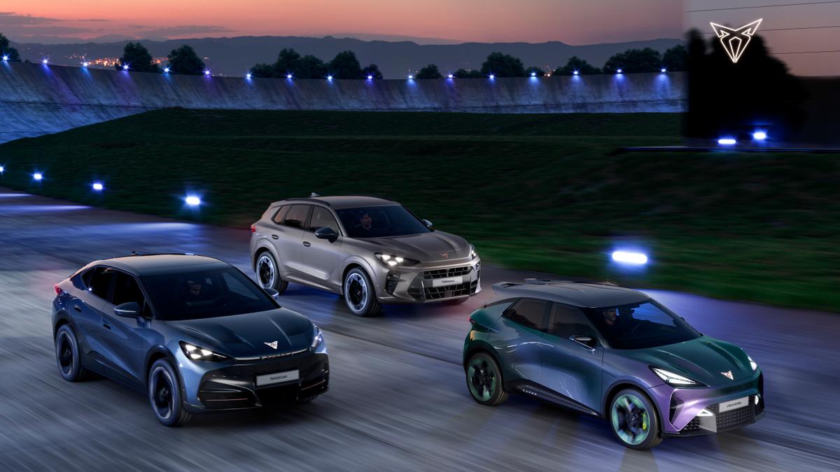 CUPRA Terramar, CUPRA Tavascan and CUPRA UrbanRebel driving alongside eachother