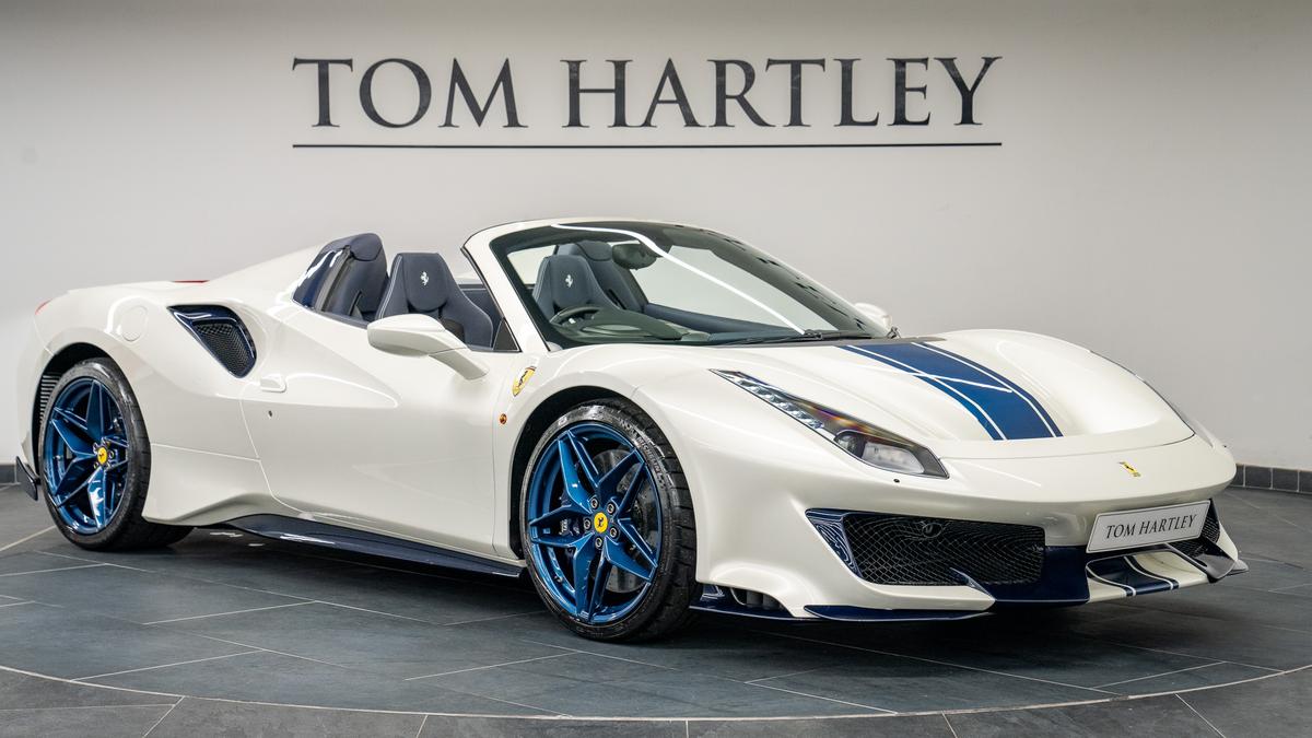 Used 2020 Ferrari 488 Pista Spider Bianco Italia with Blu Nart Stripe at Tom Hartley
