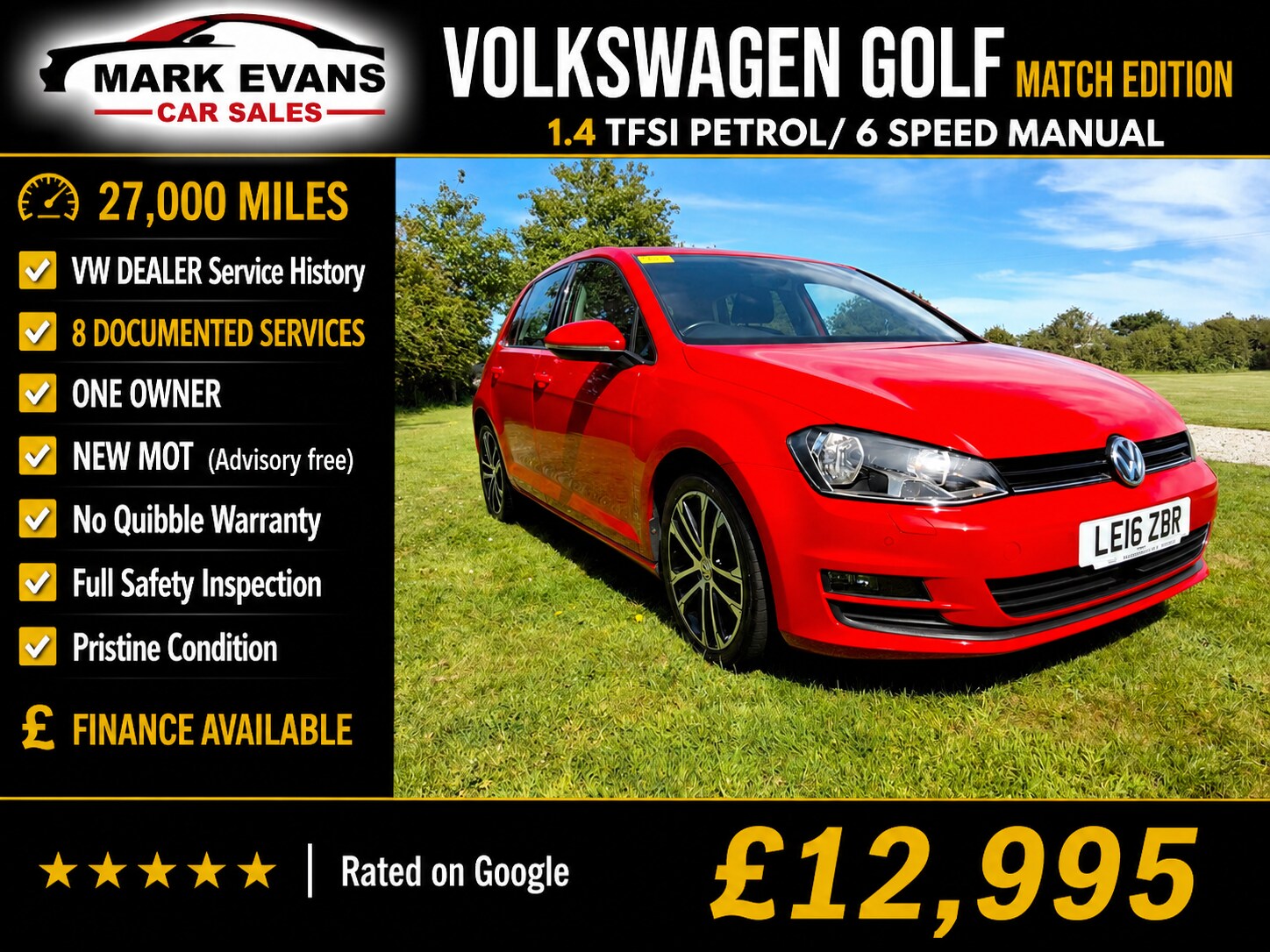 VOLKSWAGEN GOLF 1.4 TSI 125 MATCH EDITION 5DR PETROL 27,000 MILES MANUAL ONLY 12,995...