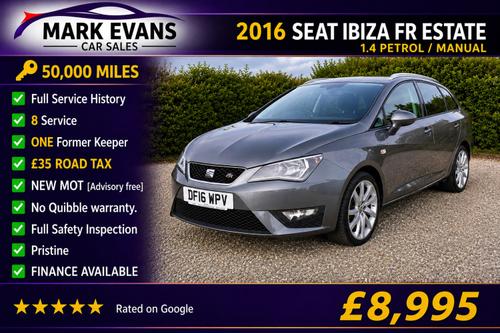 2016 SEAT IBIZA 1.4 ECOTSI 150 FR TECHNOLOGY 5DR PETROL 50,000 MILES MANUAL ONLY 8,995... photo