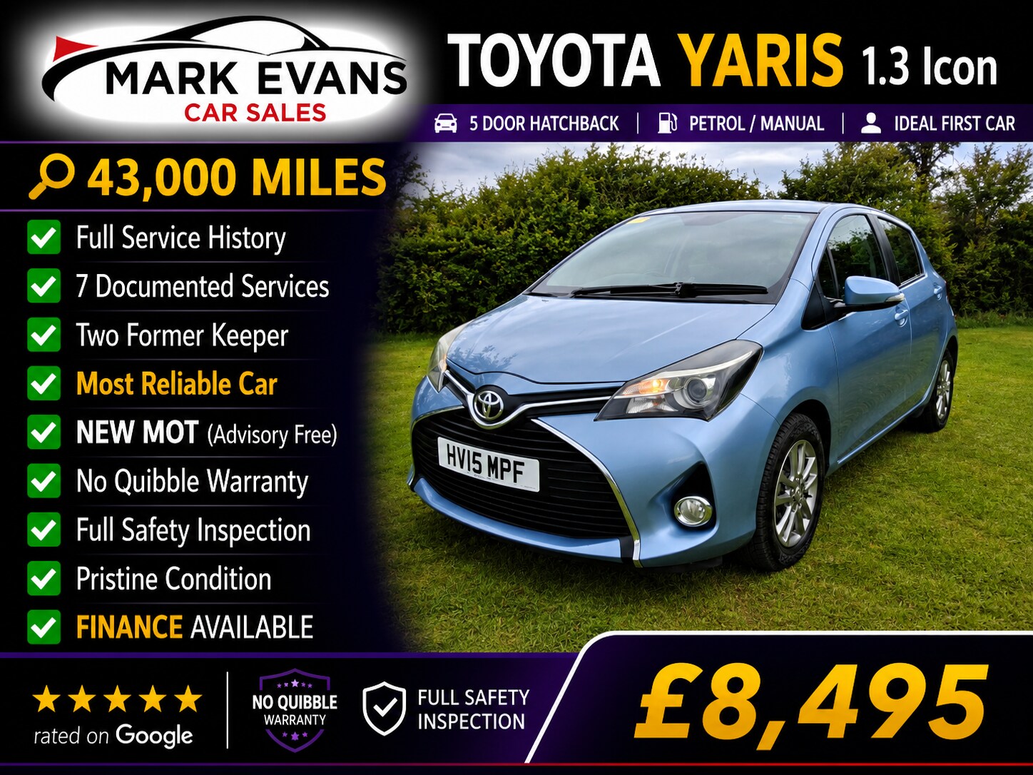 TOYOTA YARIS 1.33 VVT I ICON 5DR PETROL 43,000 MILES MANUAL ONLY 8,495 VIEW...